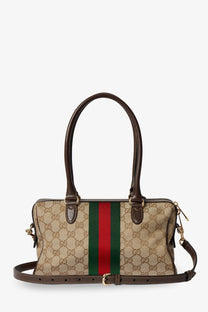 Beige and brown gucci womens borsetto gg fabric crossbody bag with red and green stripe leather handles and strap