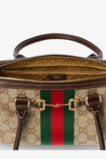 Beige gucci women’s borsetto gg fabric crossbody bag with brown leather handles and gold-tone horsebit hardware