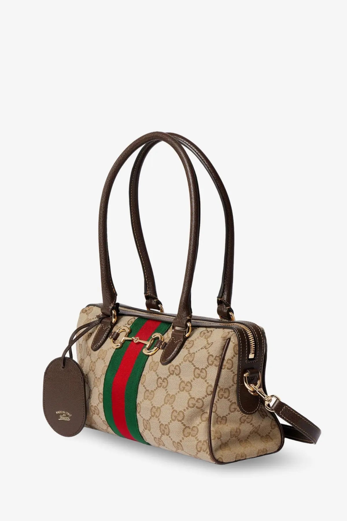 Beige Gucci women’s Borsetto GG fabric crossbody bag with brown leather handles and red and green web stripe
