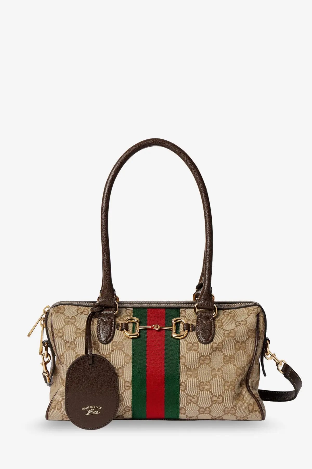Gucci women’s borsetto gg fabric crossbody bag beige with brown leather handles and red green stripe detailing