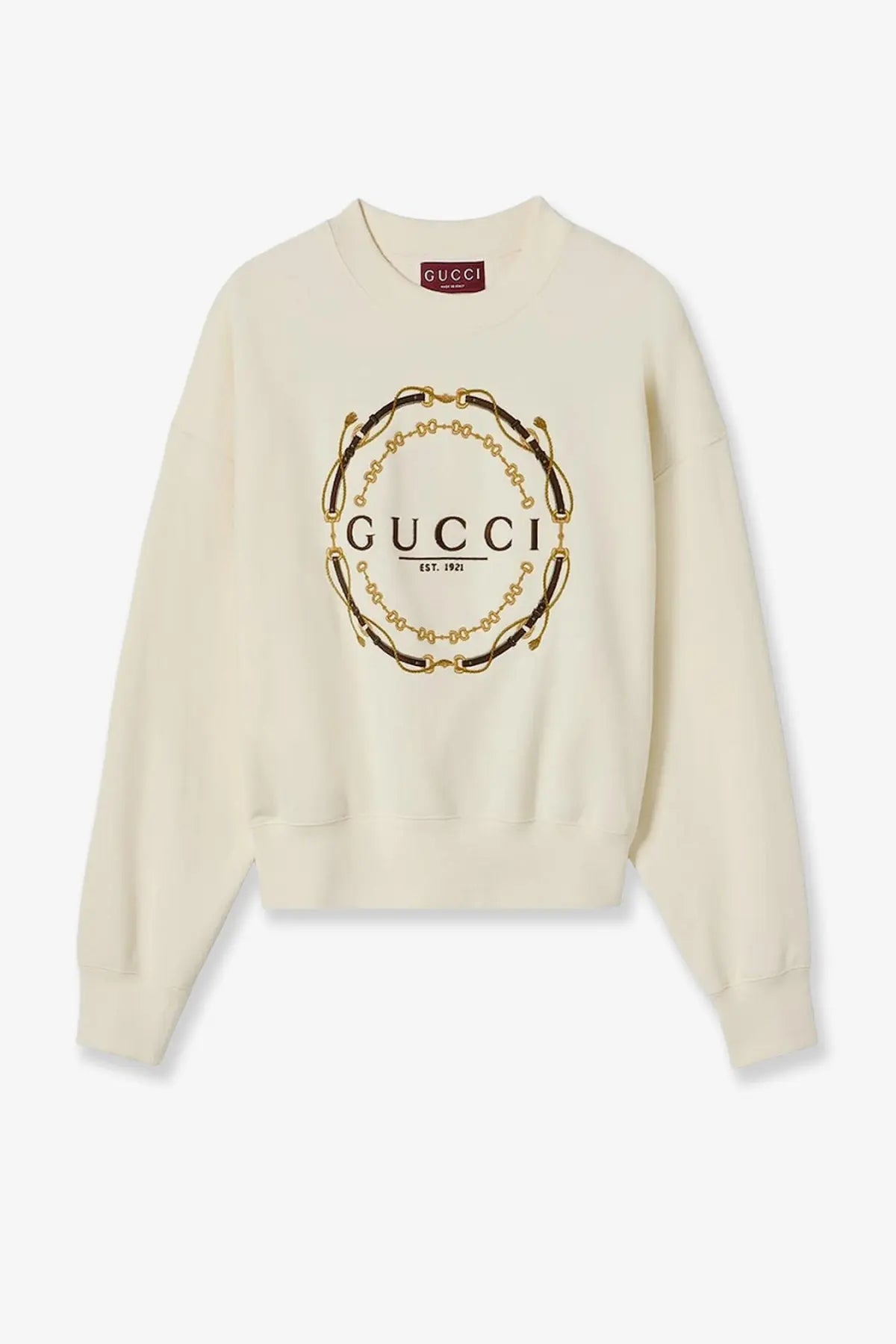 Gucci women’s cream-colored brushed cotton sweatshirt with bold gold and black circular chain logo on front