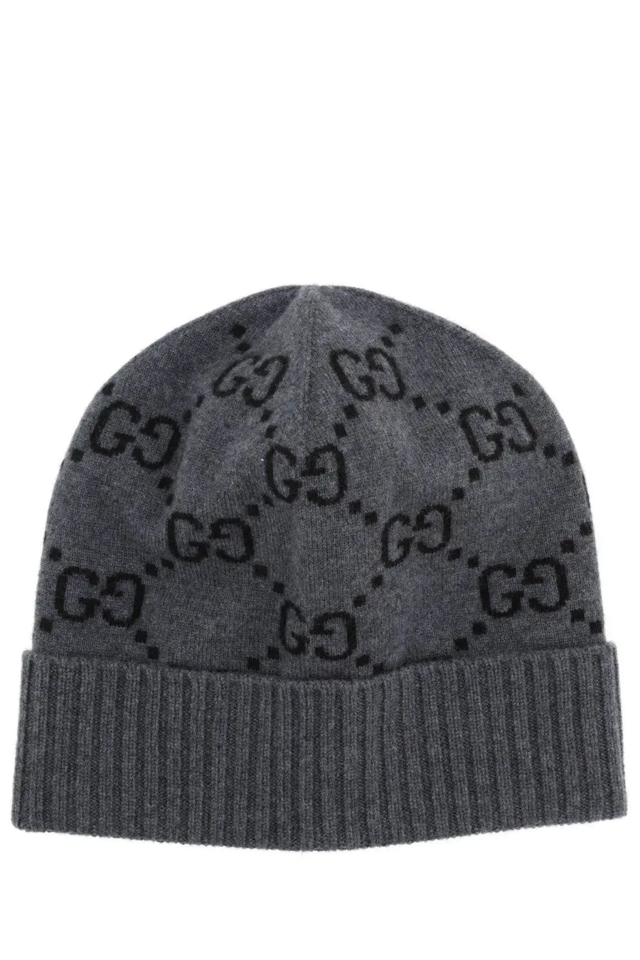 Gray Gucci cashmere beanie with black interlocking G logo pattern and ribbed cuff for women