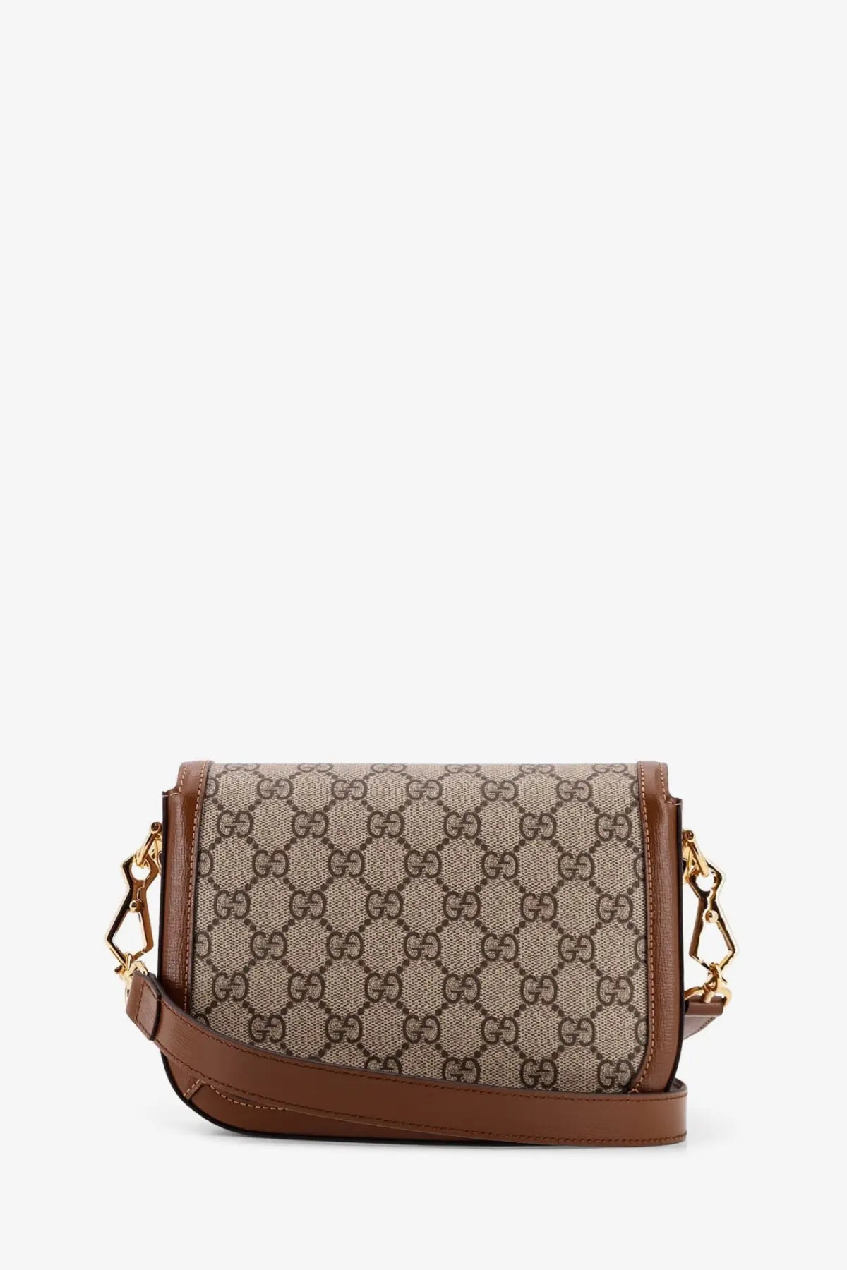 Gucci women’s beige coated canvas crossbody bag with brown leather trim and gold-tone horsebit hardware