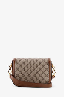 Gucci women’s beige coated canvas crossbody bag with brown leather trim and gold-tone horsebit hardware