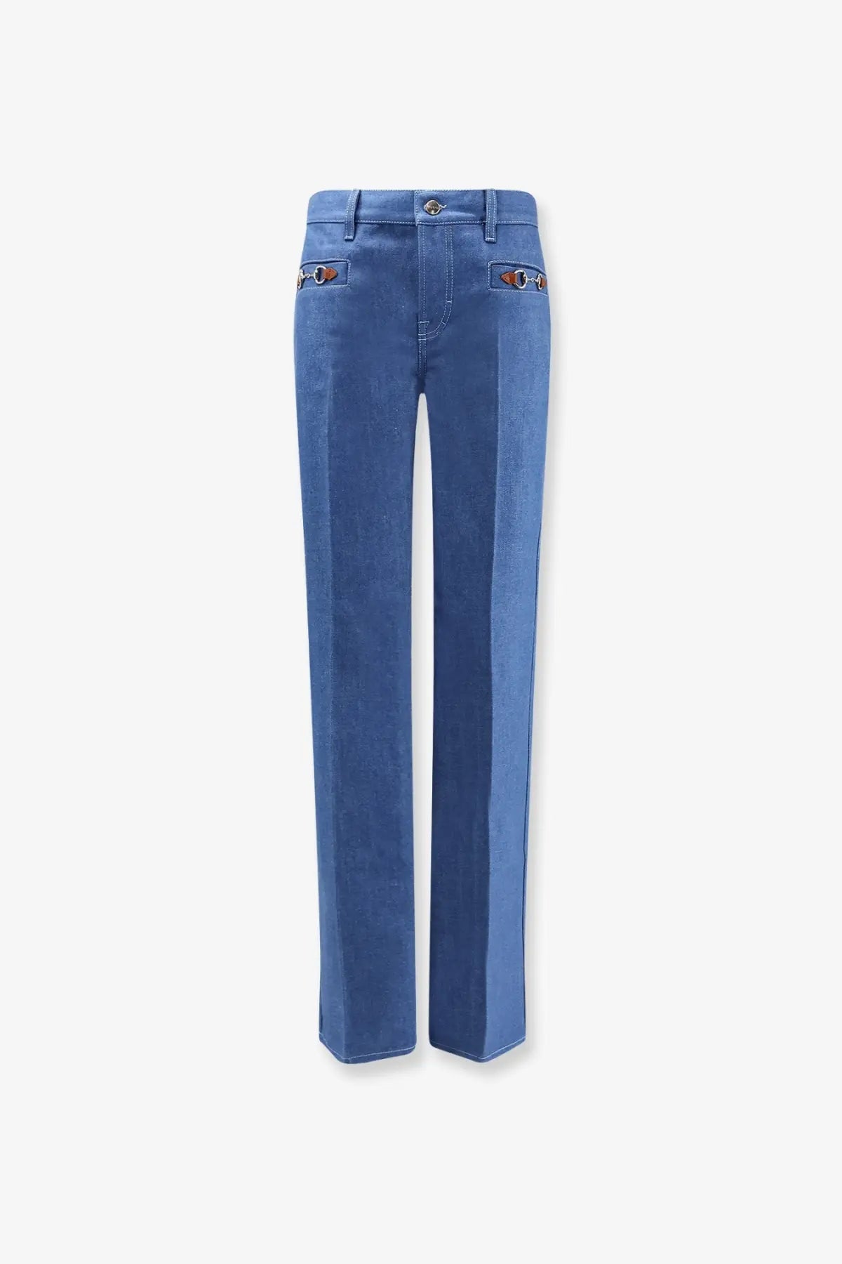Gucci women’s blue cotton denim jeans with embroidered eye motifs on the front pockets