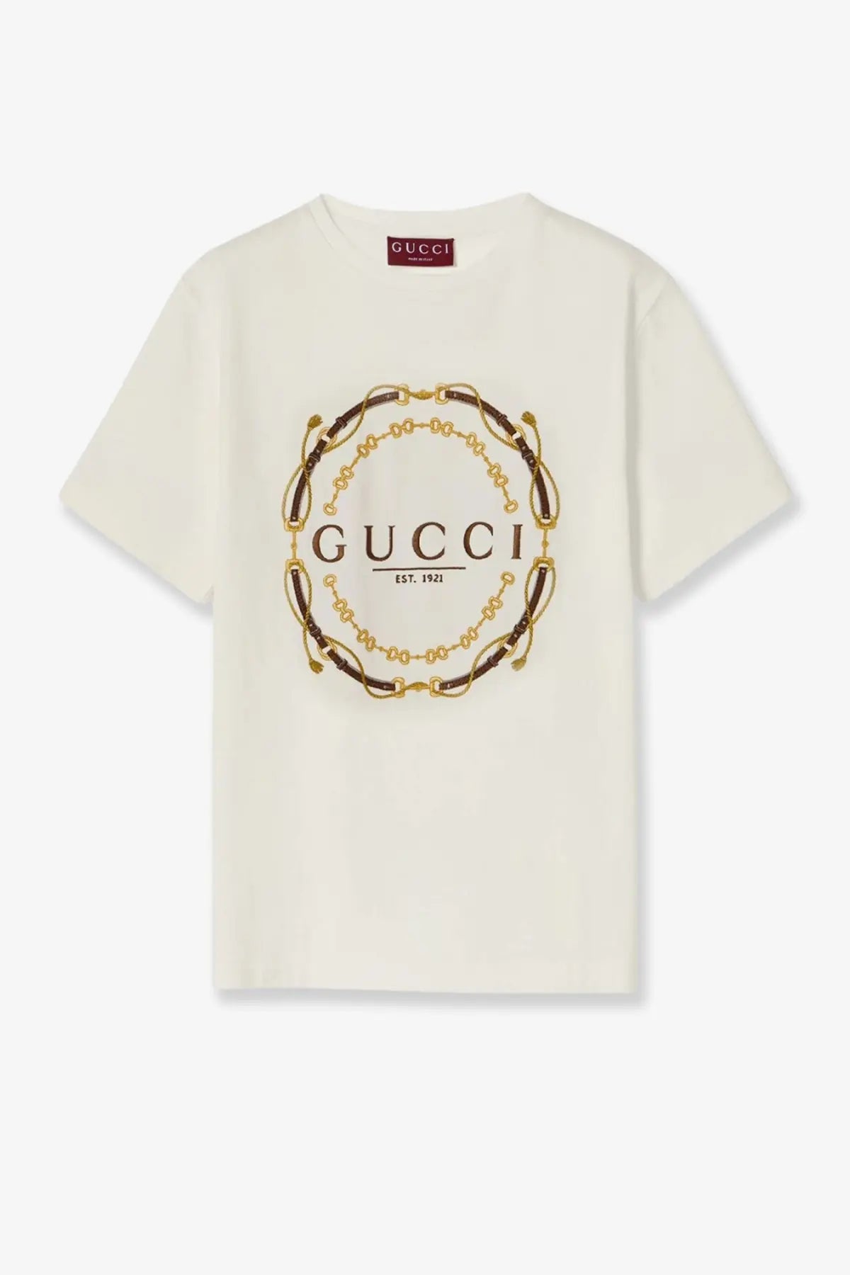 Cream-colored Gucci women’s cotton jersey t-shirt with bold circular chain logo in gold and brown metallic detailing
