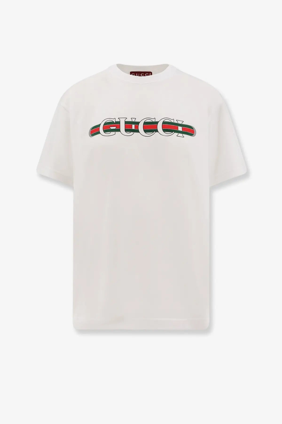 White gucci women’s cotton t shirt with bold embroidered logo and red and green stripes across the chest