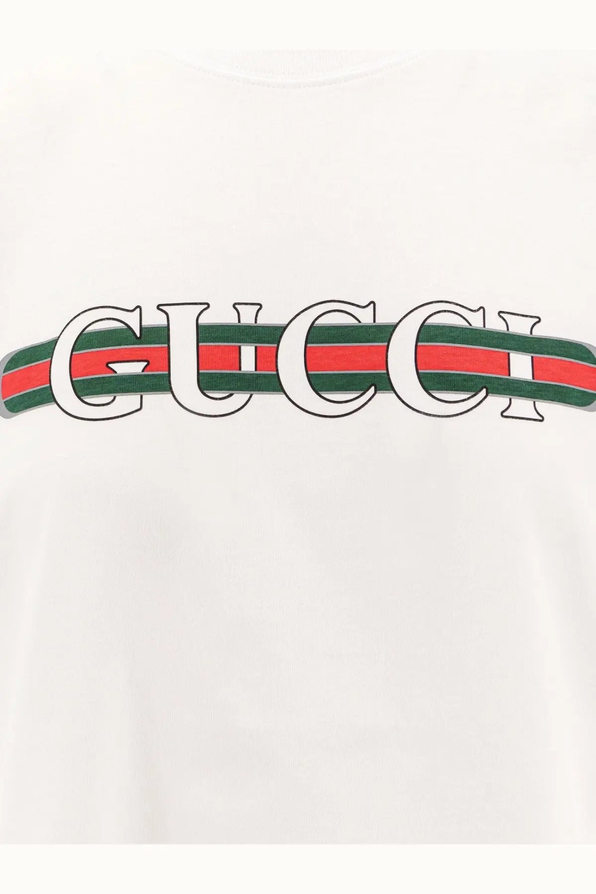 White Gucci women’s cotton t shirt featuring the iconic interlocking Gucci logo with red and green striped ribbon design