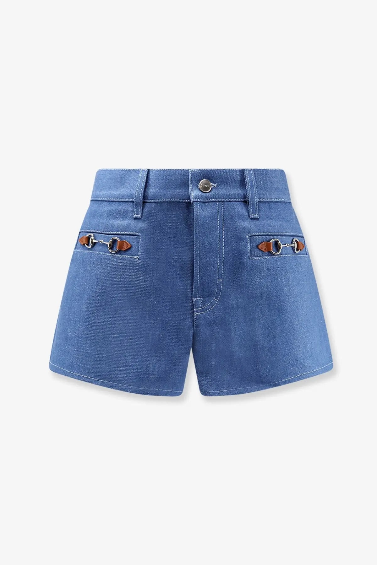 Gucci women’s blue cotton denim shorts with brown leather horsebit detailing on front pockets