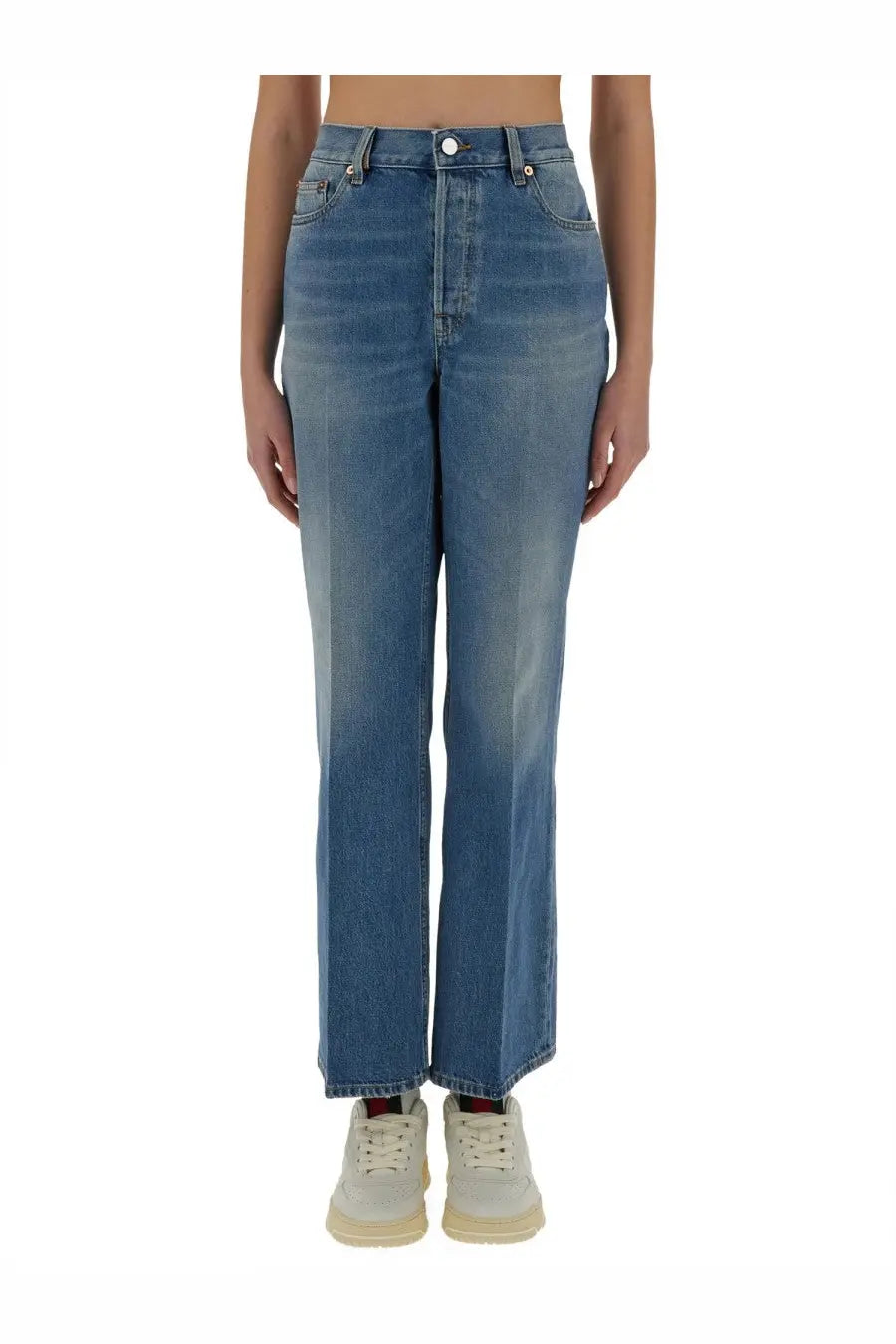 Gucci women’s denim pants blue high waisted straight leg medium blue wash denim with subtle fading and classic stitching