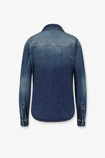 Gucci women’s denim shirt blue classic dark blue denim with subtle faded wash and visible seam stitching