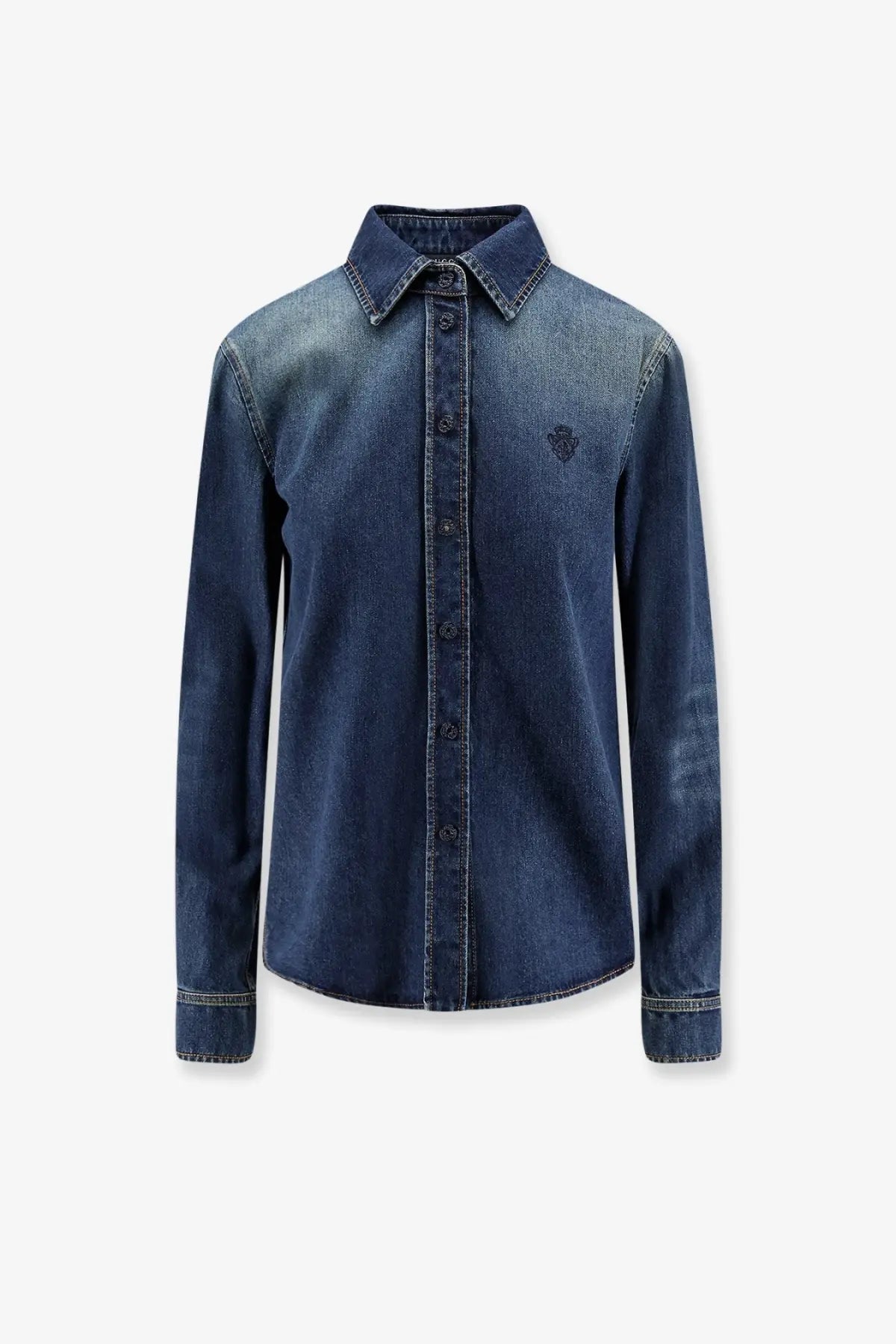 Gucci women’s dark blue denim button-up shirt with classic collar and subtle stitching details
