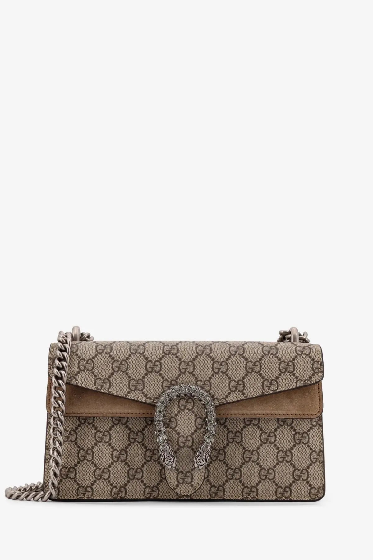 Beige and brown gucci dionysus shoulder bag with gg monogram canvas suede trim and silver chain strap crossbody bag