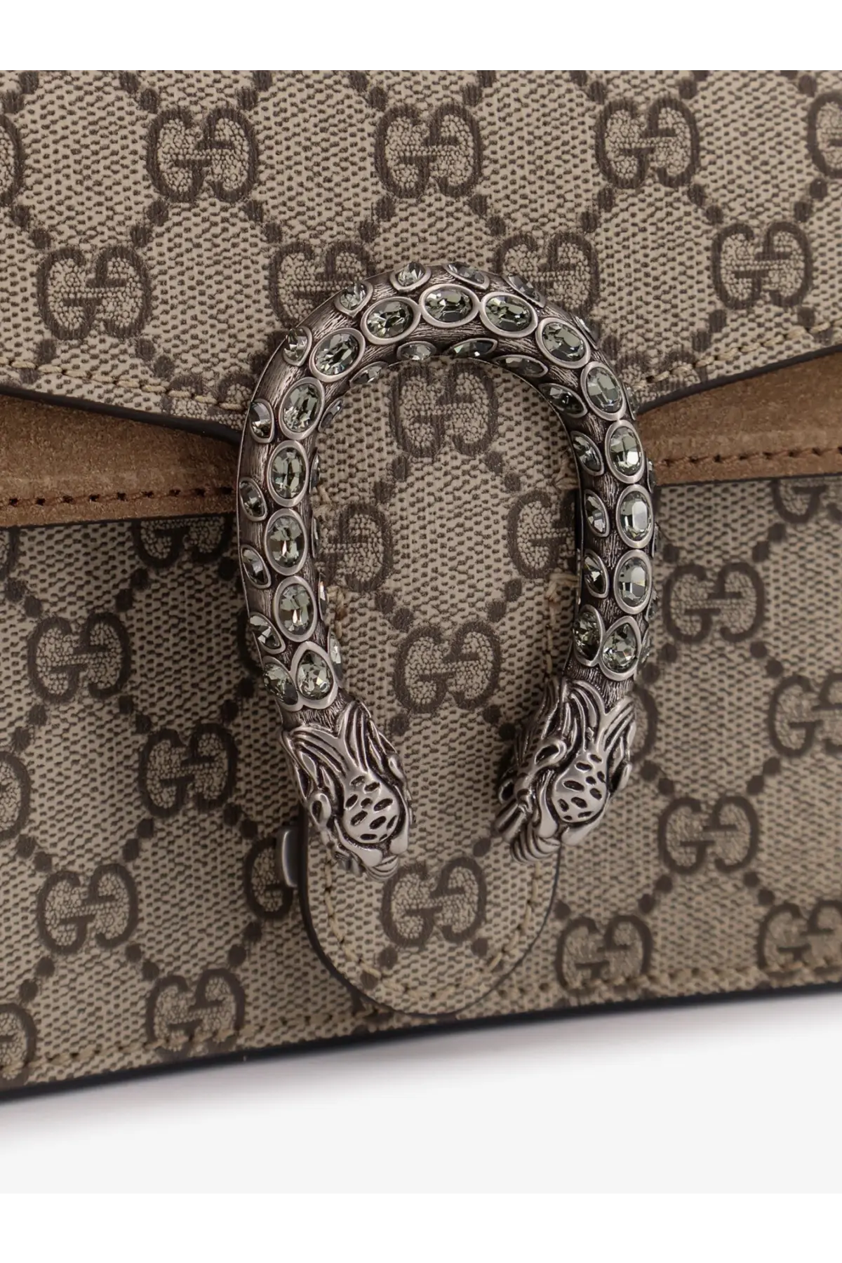 Silver-toned snake-shaped clasp with clear crystals on beige and brown gg monogram canvas of gucci womens dionysus bag