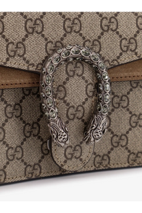 Silver-toned snake-shaped clasp with clear crystals on beige and brown gg monogram canvas of gucci womens dionysus bag