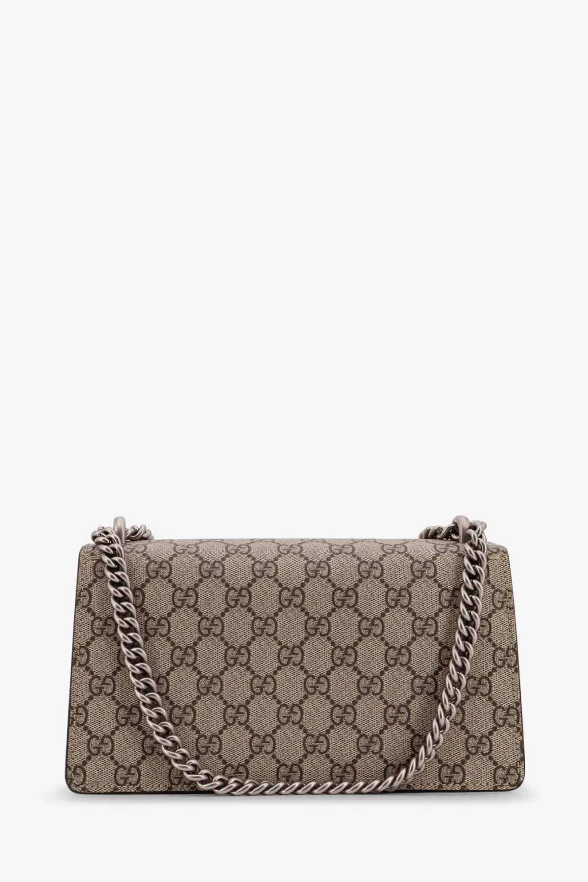 Beige and brown Gucci Dionysus medium GG Supreme fabric crossbody bag with silver-toned chain strap
