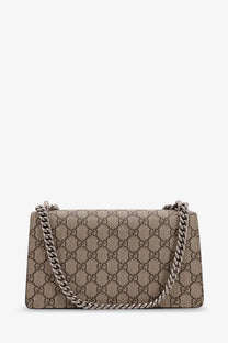Beige and brown Gucci Dionysus medium GG Supreme fabric crossbody bag with silver-toned chain strap