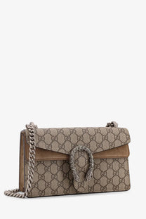 Beige and brown gucci dionysus medium gg supreme fabric crossbody bag with tan suede trim and silver dragon clasp
