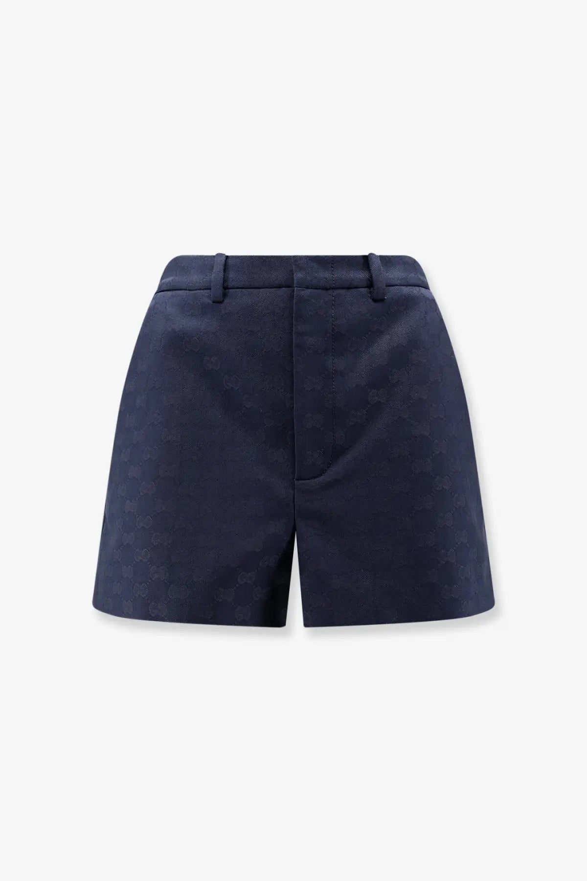 Navy blue Gucci women’s GG cotton blend shorts with a subtle pattern and tailored high-waisted design
