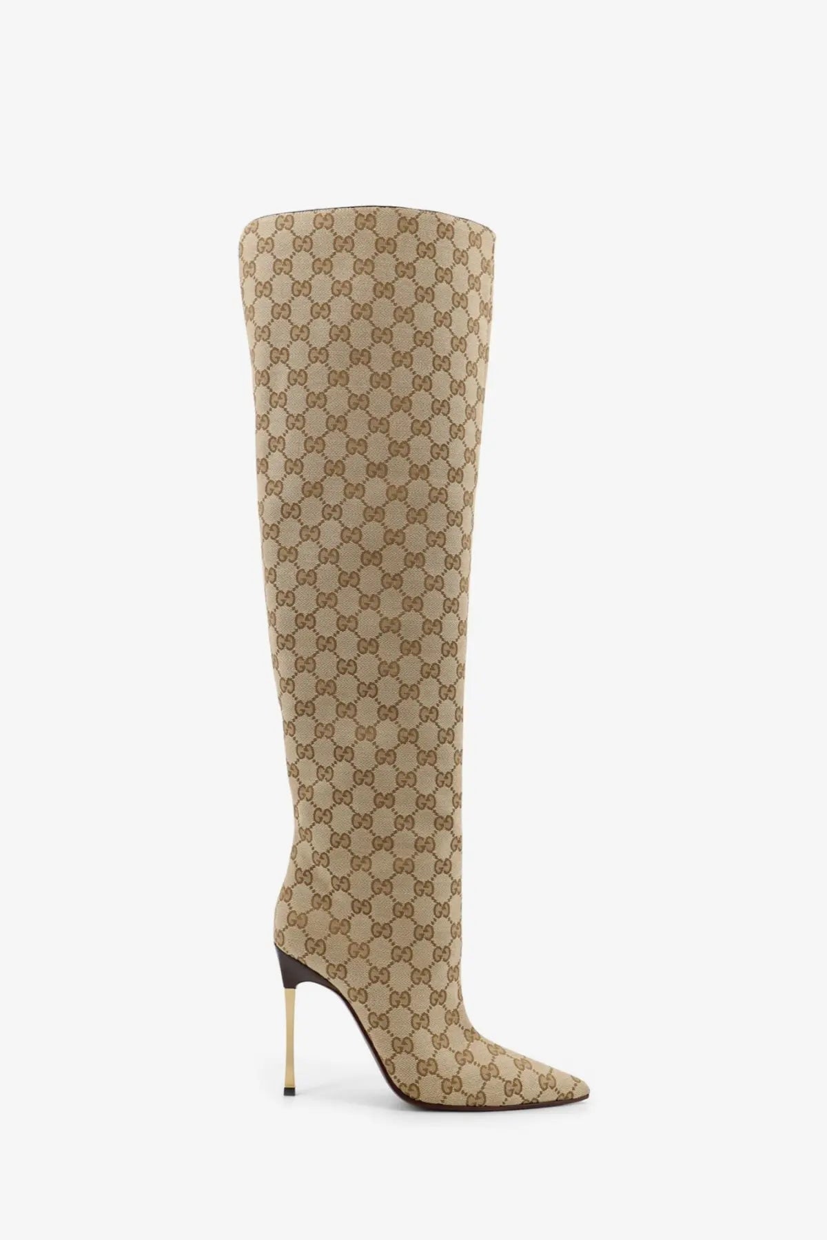 Beige and brown Gucci women’s GG fabric cuissardes boots with slender gold-tone heel and over-the-knee design