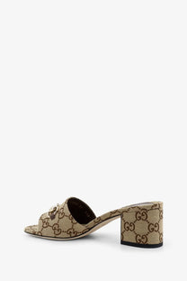 Beige and brown gucci gg supreme canvas mule sandal with block heel in womens gg fabric sandals beige collection
