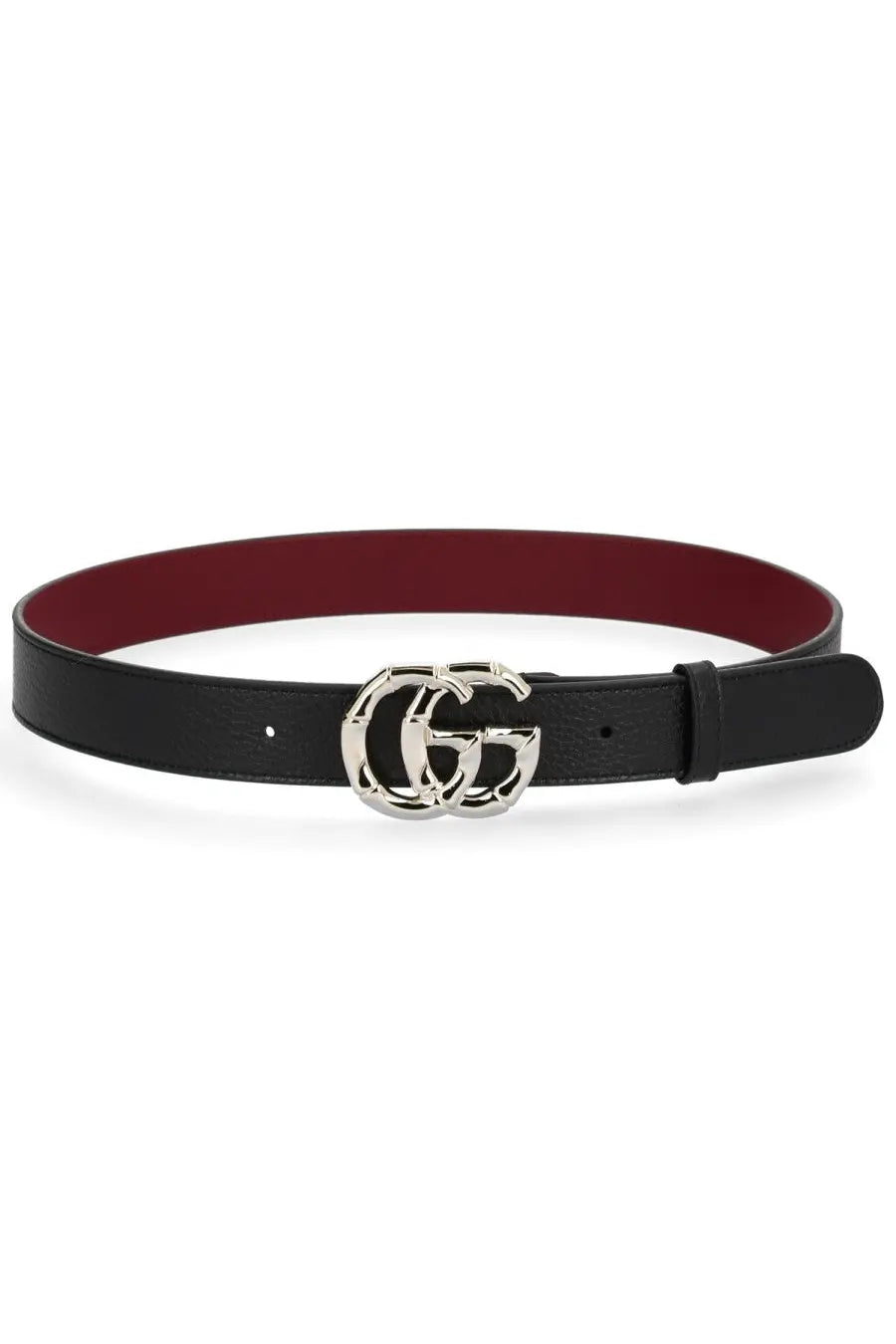Gucci women’s gg marmont black leather belt with silver interlocking gg buckle and burgundy inner lining