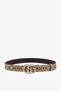 Gucci women’s gg marmont coated canvas belt beige with beige and brown gg supreme pattern and gold-tone double g buckle