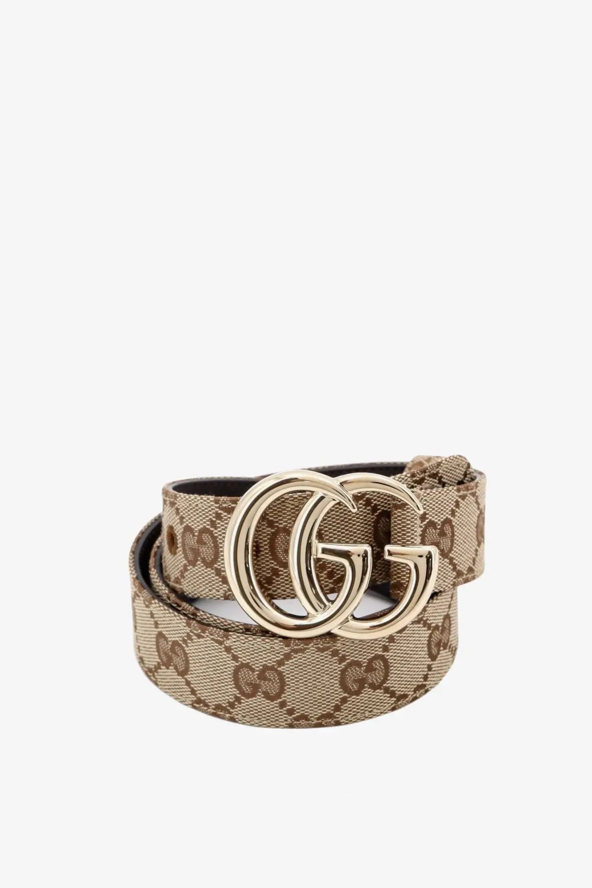 Beige and brown gucci women’s gg marmont coated canvas belt with gg supreme pattern and gold-tone interlocking g buckle
