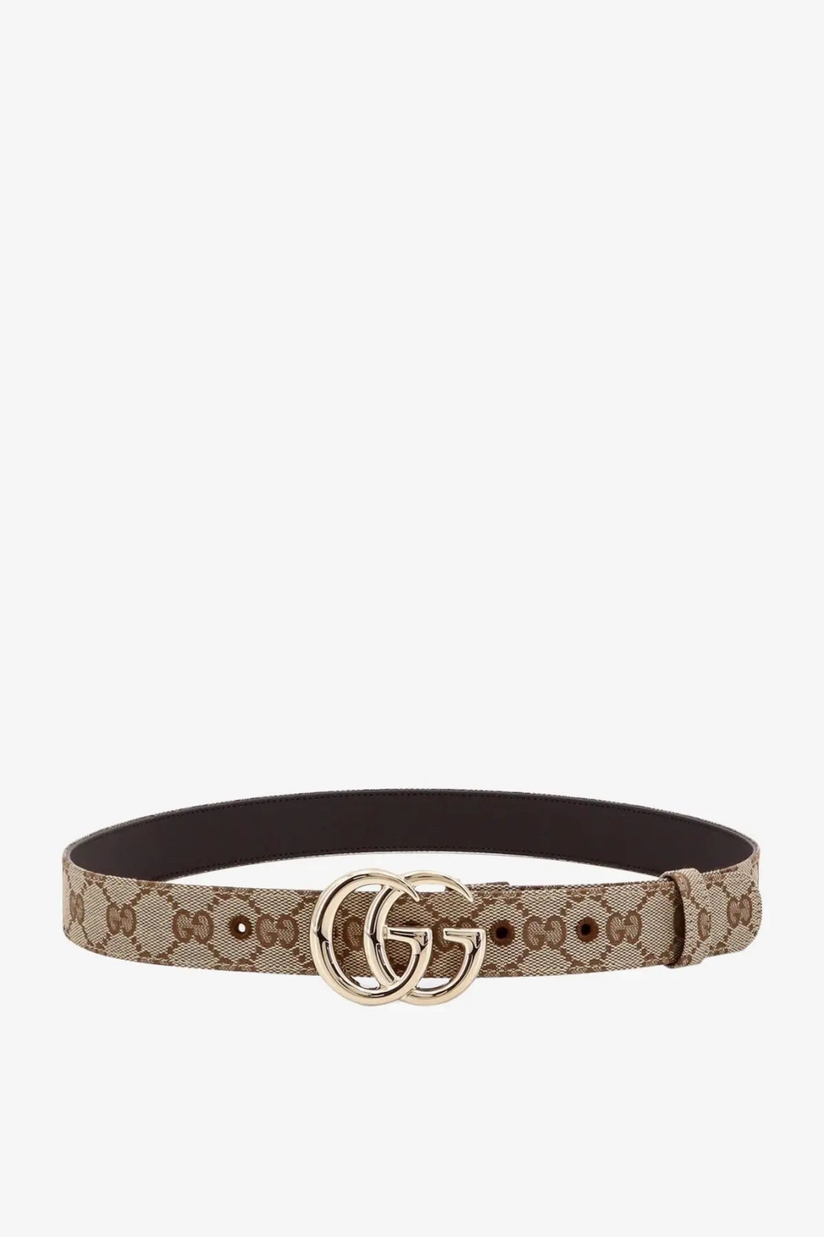 Beige and brown Gucci women’s GG Marmont coated canvas belt with gg supreme pattern and gold-tone double g buckle