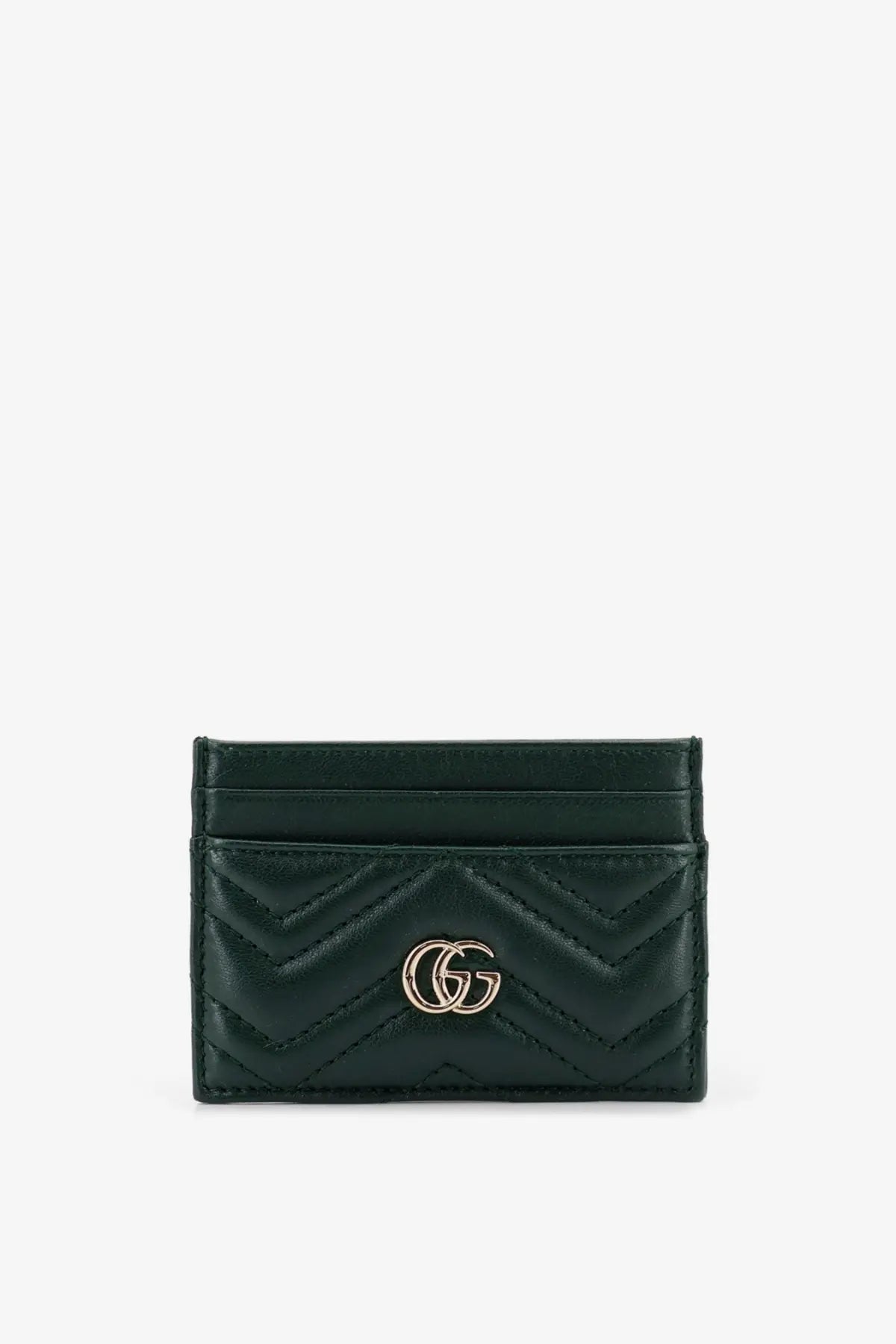 Dark green quilted leather Gucci women’s GG Marmont card holder with gold-tone interlocking GG logo