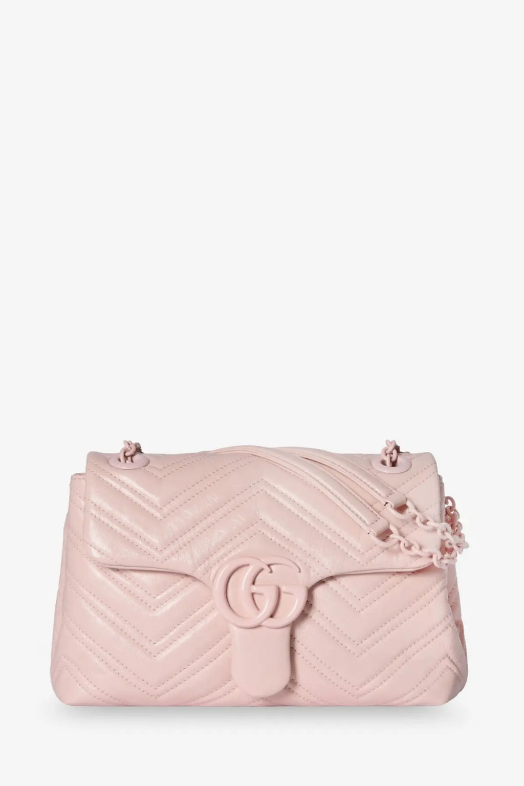 Gucci womens GG Marmont blush pink leather shoulder bag with quilted chevron pattern and interlocking GG logo clasp