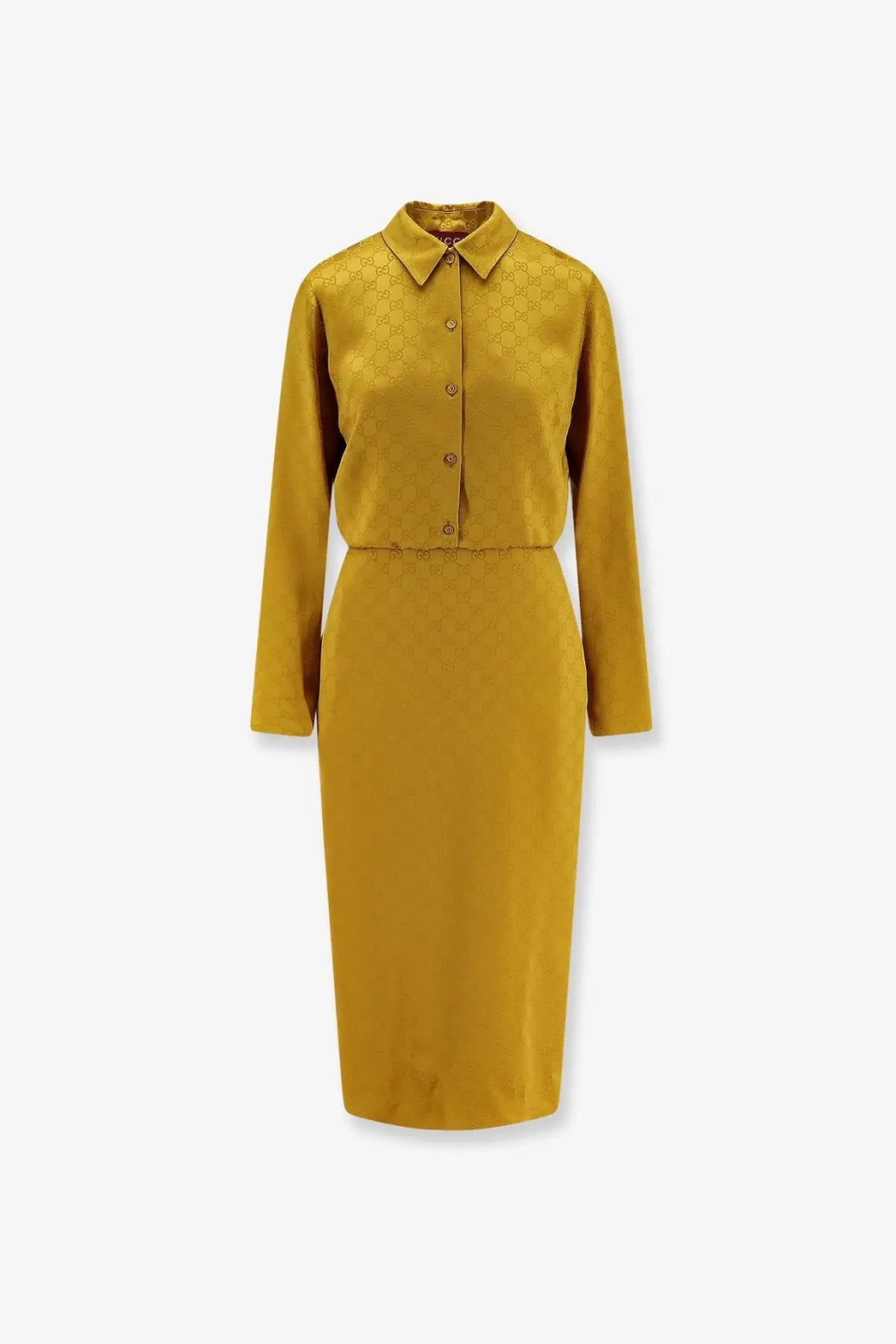 A mustard-yellow gucci satin chemisier dress with button-down collar and embossed gg monogram pattern