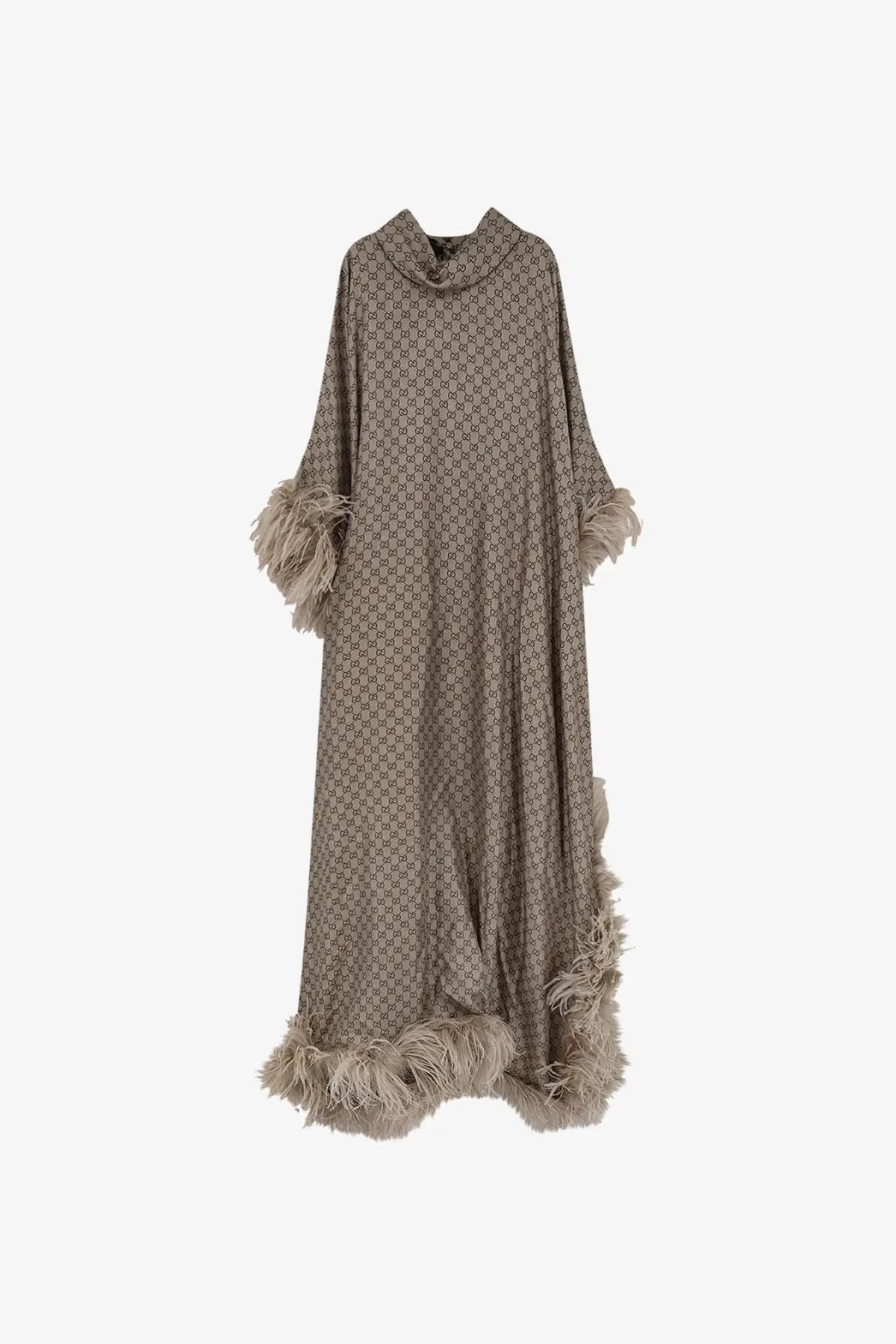 A taupe Gucci women’s silk kaftano dress with repeating GG monogram pattern and feathered cuffs and hem