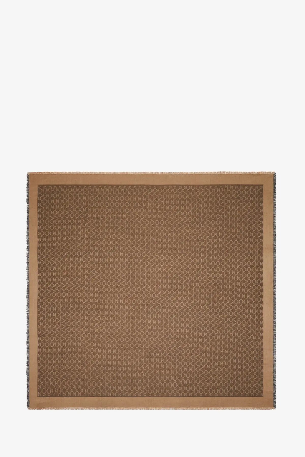 Gucci women’s beige GG silk and wool shawl with a tan square scarf featuring a subtle geometric pattern and frayed edges