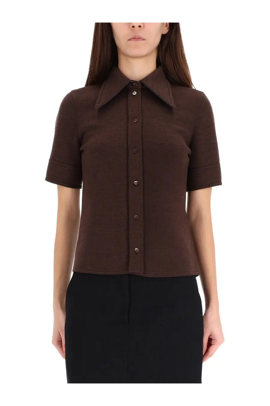 Gucci women’s half sleeve shirt brown featuring a sleek dark brown short-sleeved button-up blouse with structured collar