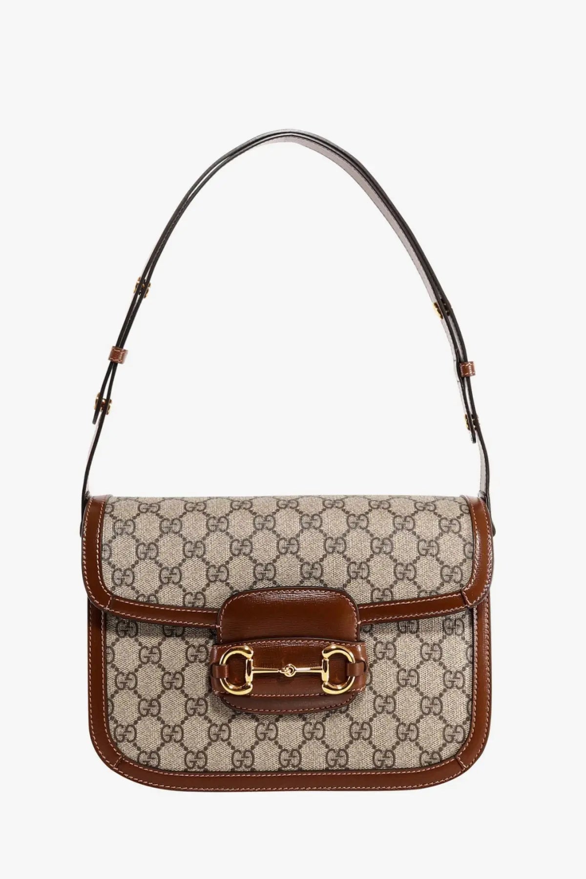 Beige and brown gucci horsebit shoulder bag in gg coated canvas with leather trim for women crossbody use