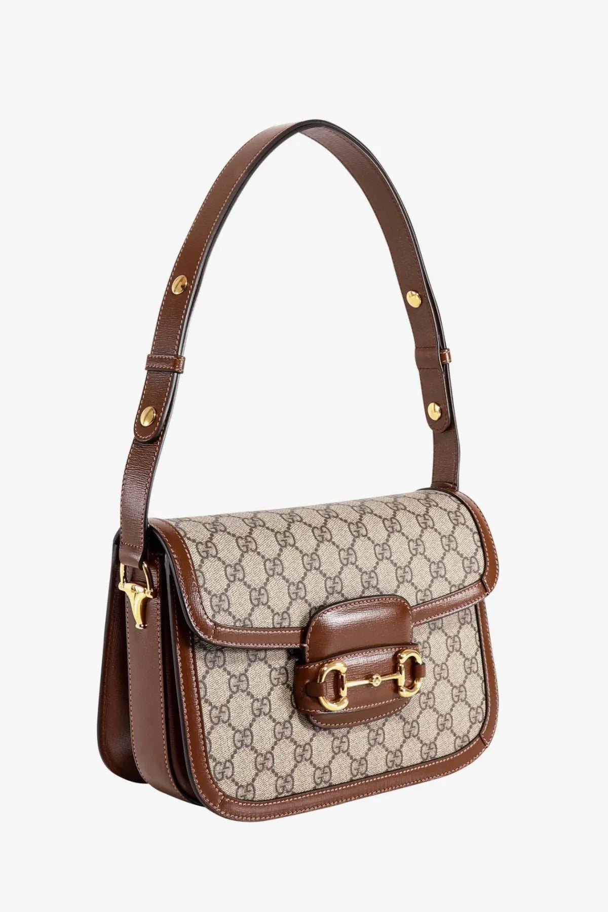 Gucci women’s brown leather shoulder bag with beige and brown gg monogram canvas and gold-tone horsebit buckle