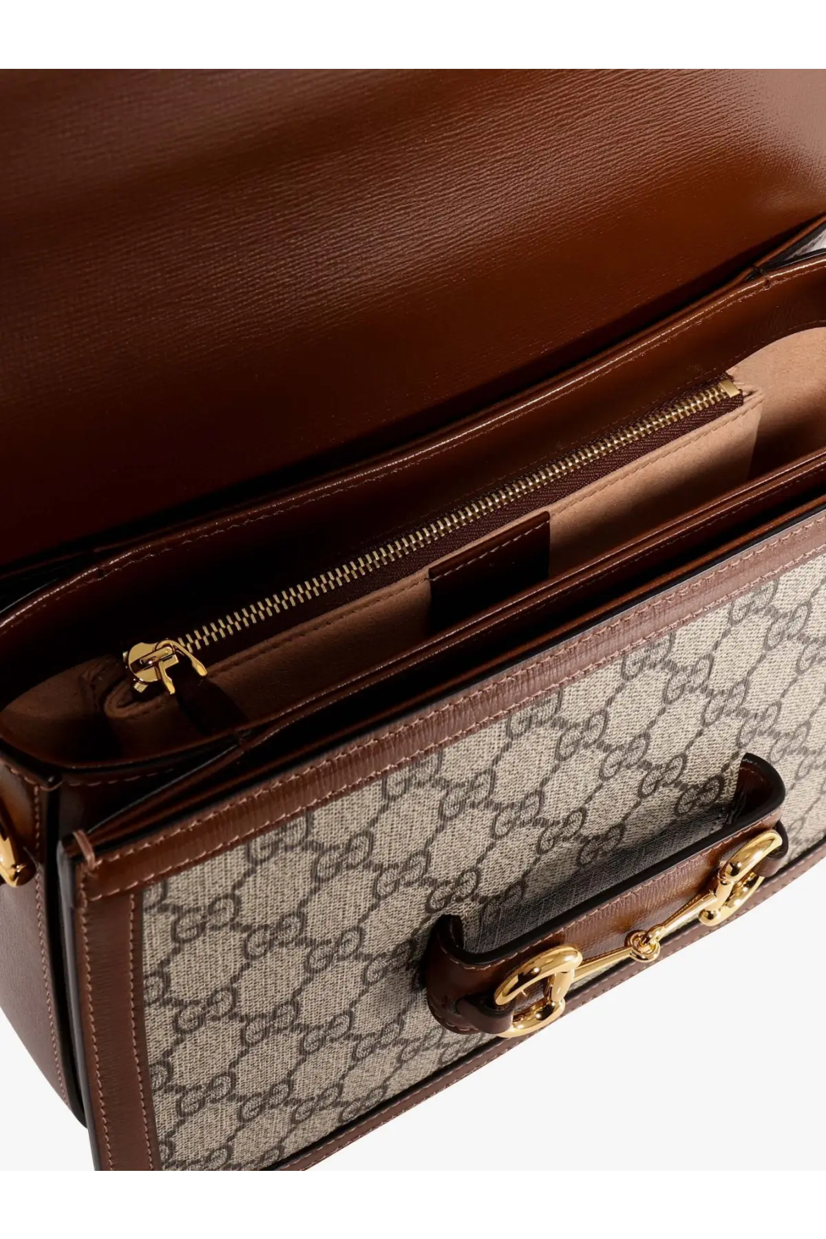 Brown leather Gucci horsebit shoulder bag with beige and brown gg supreme canvas exterior for women