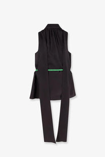 Gucci women’s sleeveless silk blouse in black with subtle texture and vibrant green ribbon belt with flowing side ties