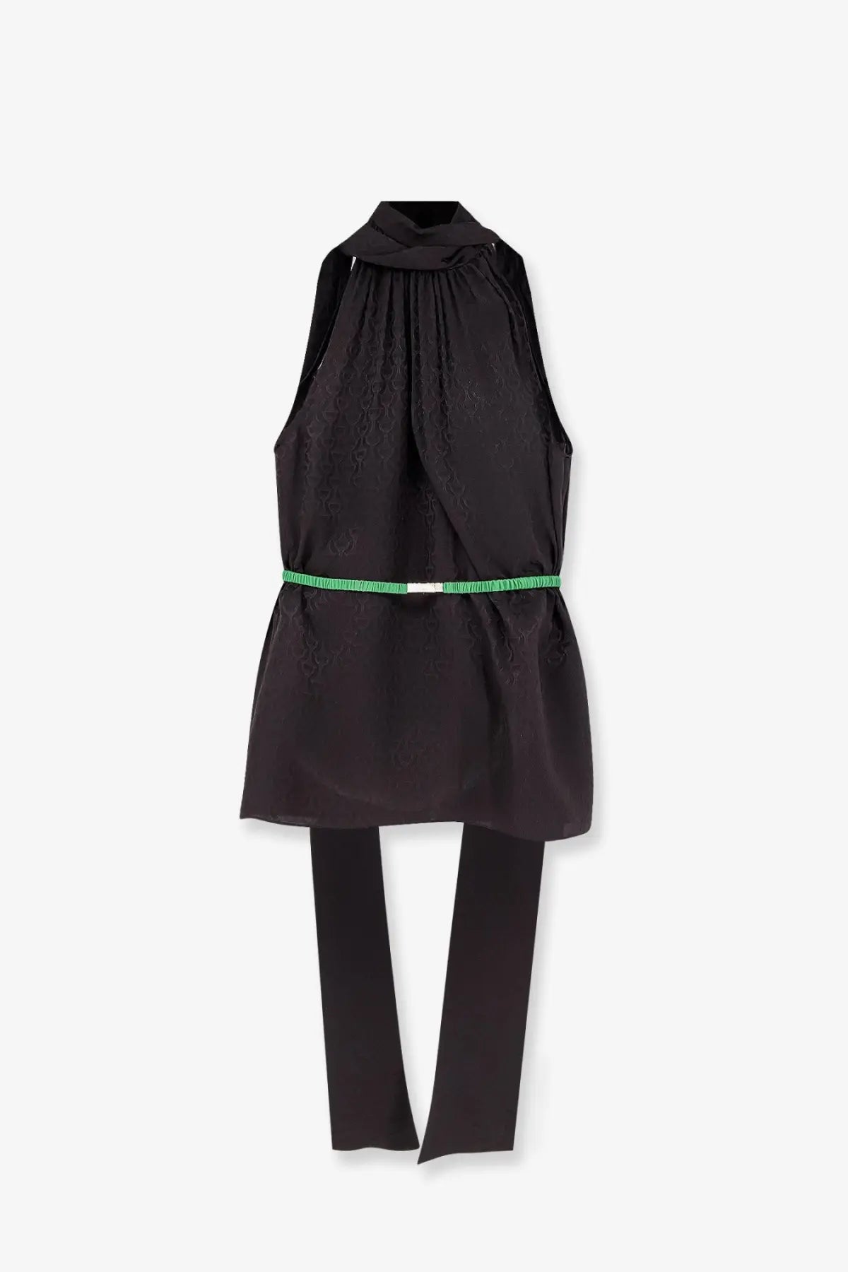 Gucci women’s brown horsebit jacquard silk sleeveless shirt with black satin halter neck and green belt accent