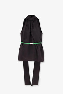 Gucci women’s brown horsebit jacquard silk sleeveless shirt with black satin halter neck and green belt accent
