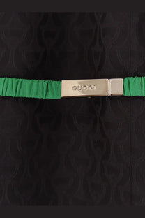 Green gucci belt buckle with silver-toned metal clasp complementing gucci womens horsebit jacquard silk sleeveless shirt brown