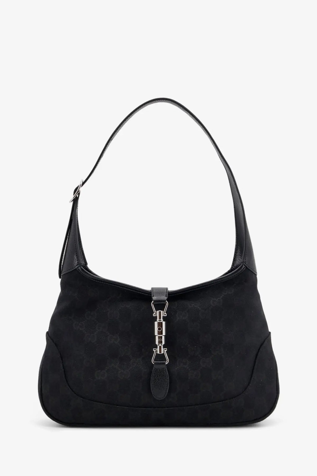 Black Gucci women’s Jackie GG fabric shoulder bag with signature monogram pattern and silver-toned hardware