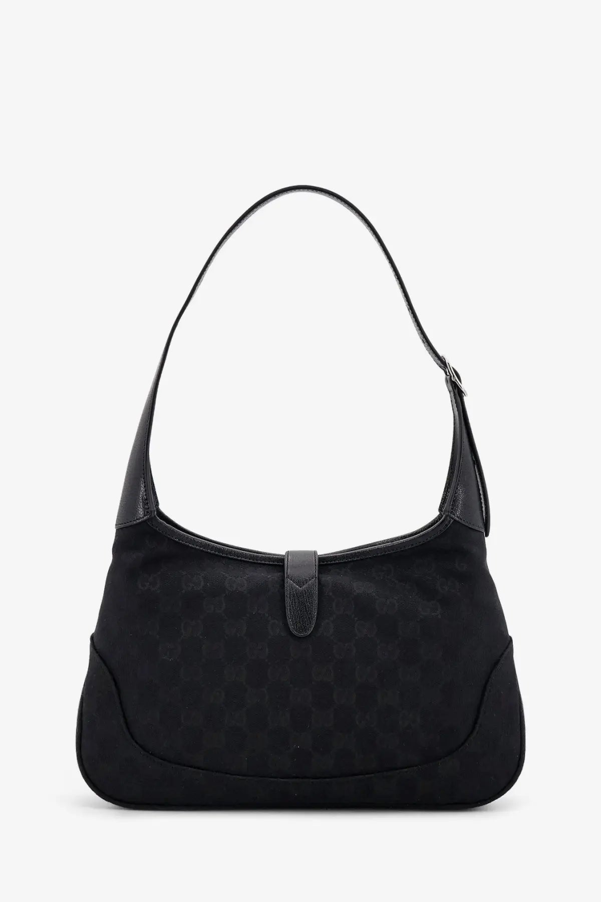 Black gucci women’s jackie gg fabric shoulder bag with subtle monogram pattern and leather trim