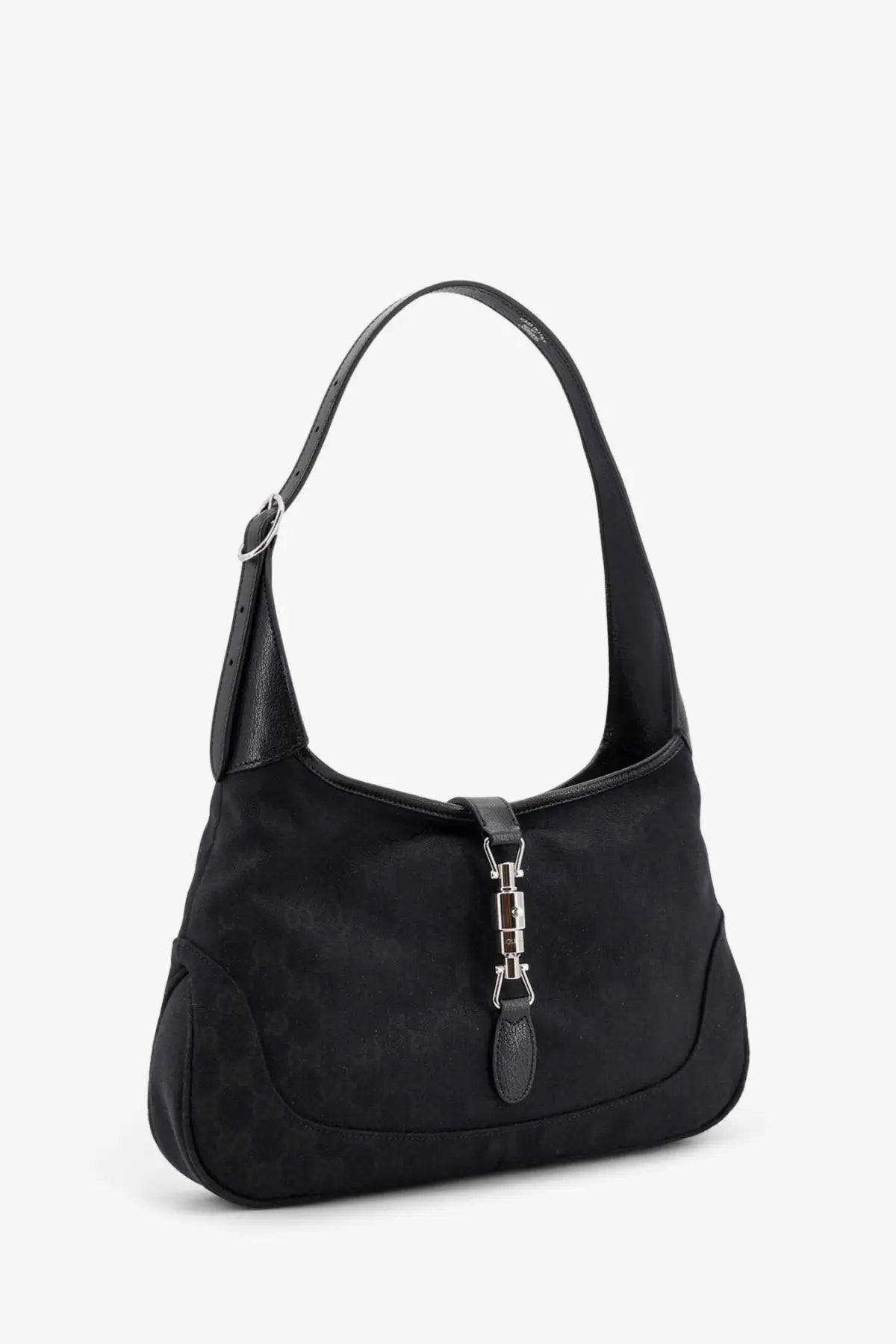 Gucci women’s black suede hobo bag with signature metal horsebit clasp and GG fabric shoulder strap