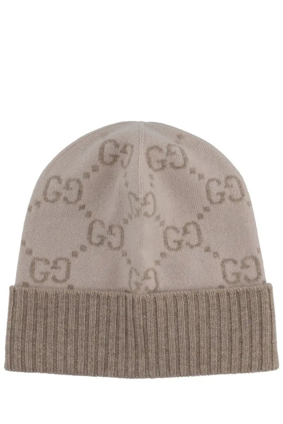 Beige knitted gucci womens jacquard gg hat with repeating darker beige gg monogram pattern