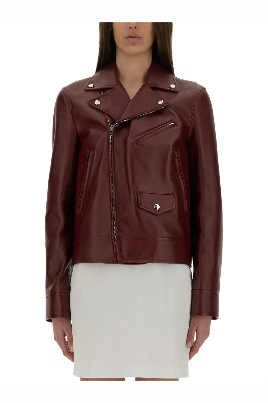 Gucci women’s leather biker jacket in sleek burgundy with silver hardware and classic asymmetrical zipper closure