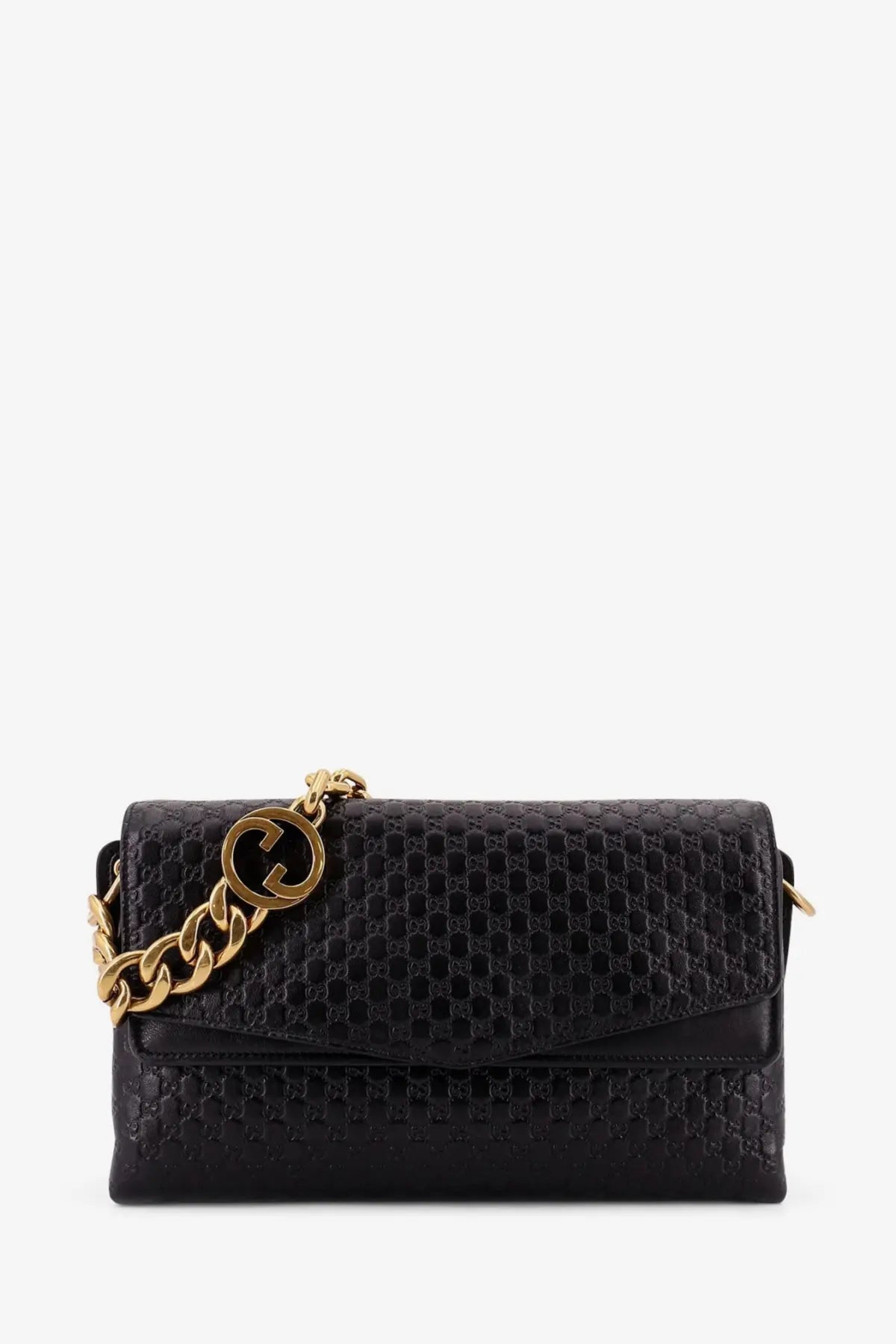 Gucci women’s black leather crossbody bag with textured gg monogram pattern and gold-tone chain strap