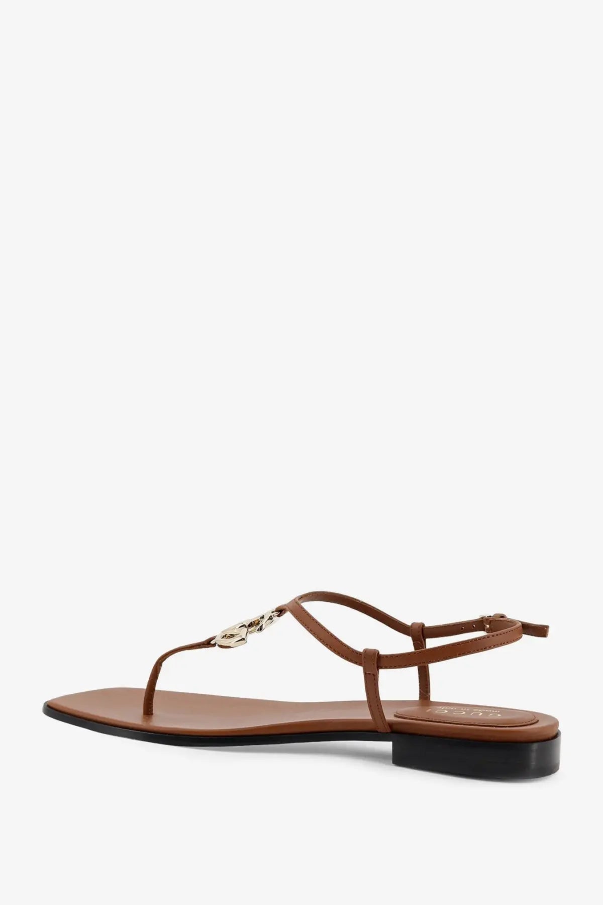 Gucci womens lifford yellow leather sandal with brown t-strap, metallic chain link, and low black heel