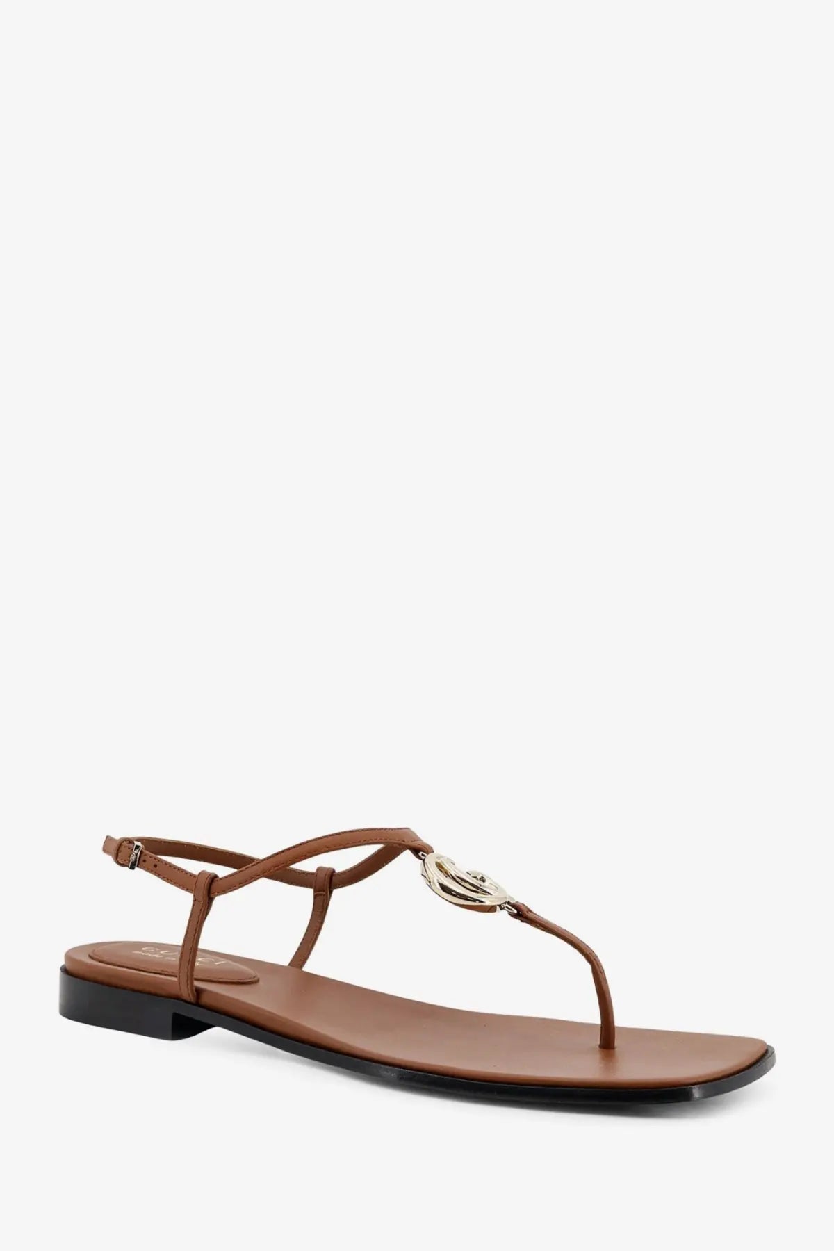 Gucci women’s lifford yellow leather thong sandal with brown toe strap and silver-toned rose emblem